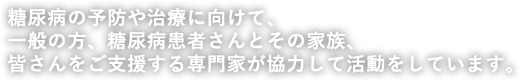 糖尿病の予防や治療に向けて、一般の方、糖尿病患者さんとその家族、皆さんをご支援する専門家が協力して活動をしています。